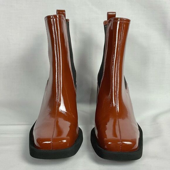 Gianni Bini Brown Booties Banks Crinkle Patent Square Toe Sz 6.5 NEW Double Gore - Picture 8 of 8